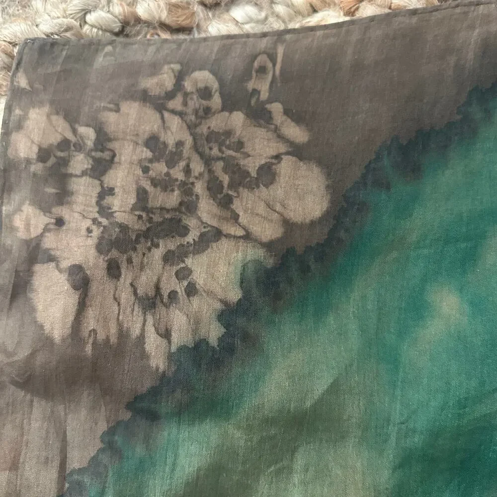 100% Silk Hand Rolled Square Scarf Green Taupe Abstract Watercolor 30x30